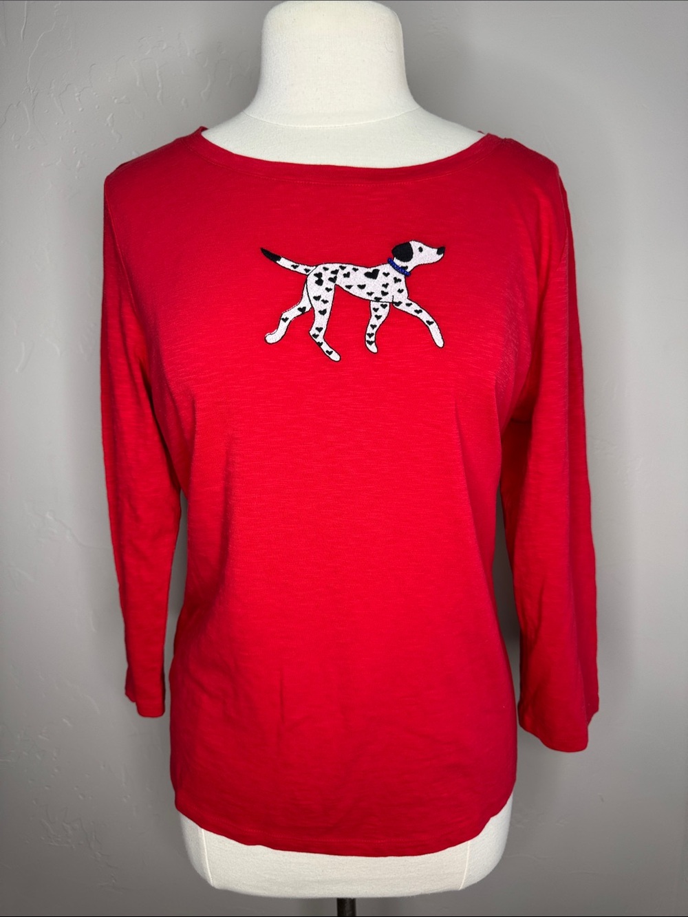 Talbots Red Cotton Crewneck Tee With Embroidered Dalmatian 100% Cotton